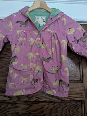 Hatley Horse Print Terry Lined Rain Jacket/Coat, Pink Size 3